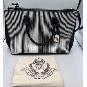 Lauren Ralph Lauren Black White Striped Leather Satchel Tote Bag NEW RLL